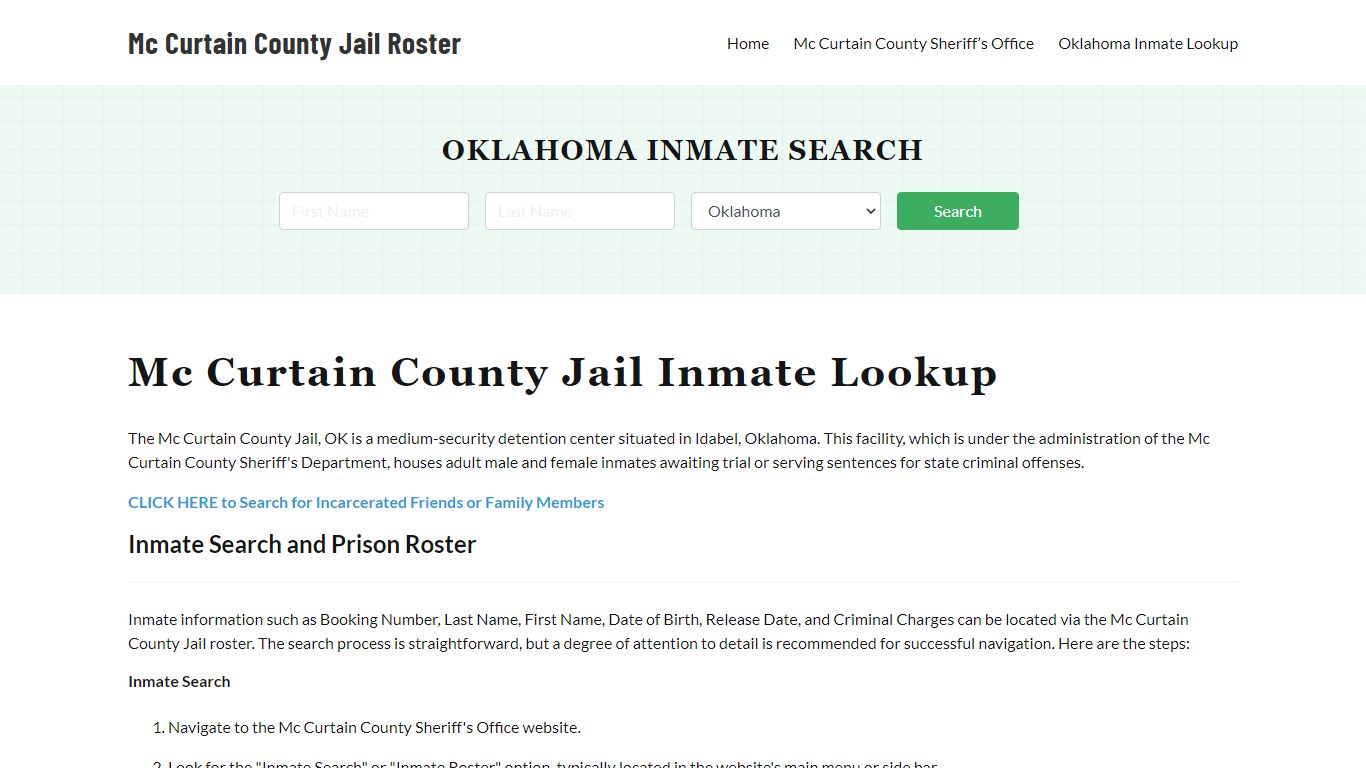 Mc Curtain County Jail Roster Lookup, OK, Inmate Search