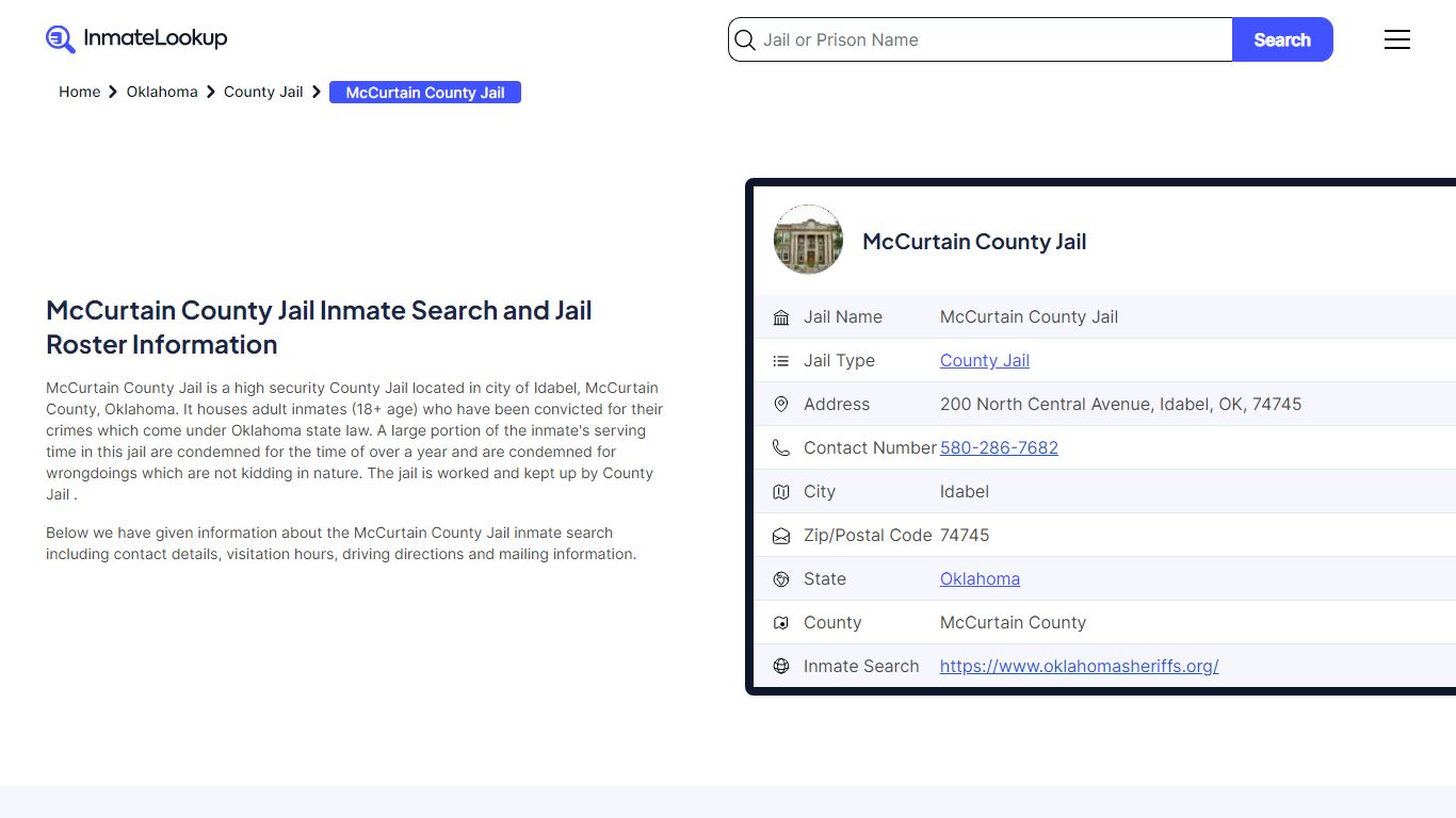 McCurtain County Jail Inmate Search and Jail Roster Information